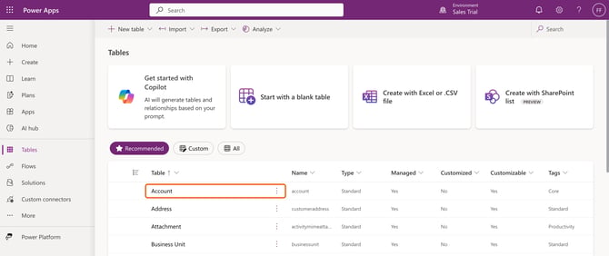 The Power Apps Tables list with the Account table highlighted