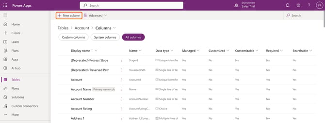 The Account table Columns list in Power Apps with New column highlighted