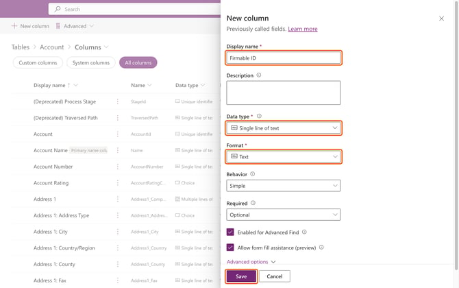 The Power Apps New column panel with Display name, Data type, Format and Save highlighted