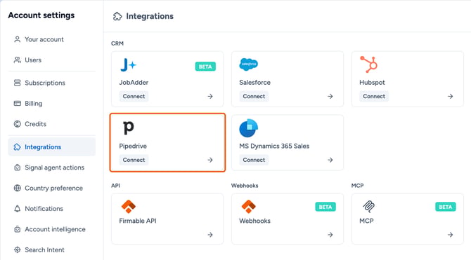 The Integrations page with the Pipedrive card highlighted