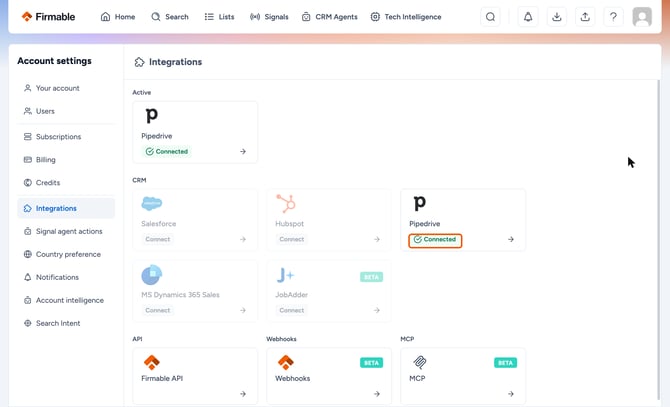 Connected badge on the Pipedrive card highlighted