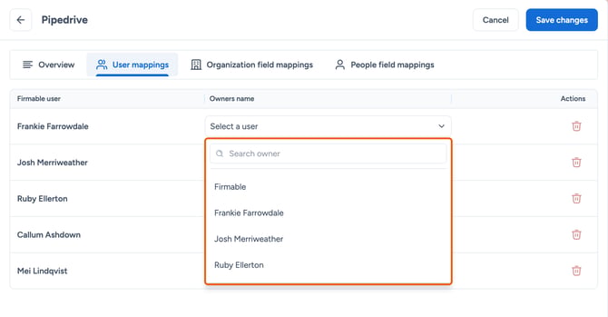 Open Owners name dropdown highlighted
