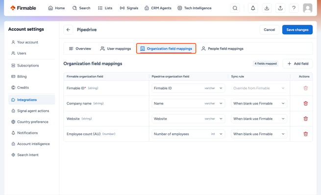 Organization field mappings tab highlighted