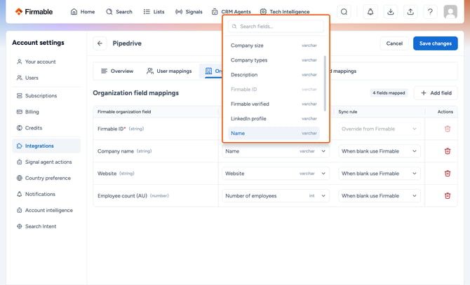 Open Pipedrive organization field dropdown highlighted
