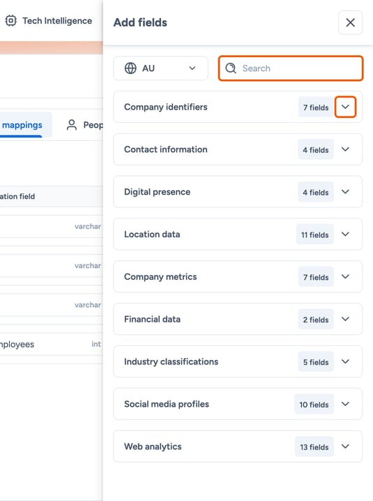 Search box and a category expand arrow highlighted