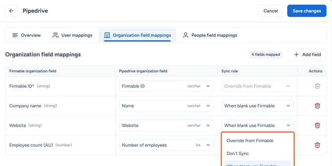 Open Sync rule dropdown highlighted