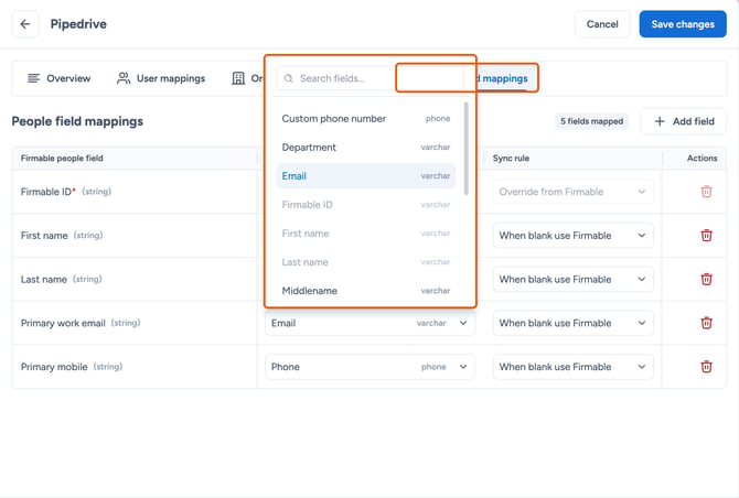 People field mappings tab and open field dropdown highlighted