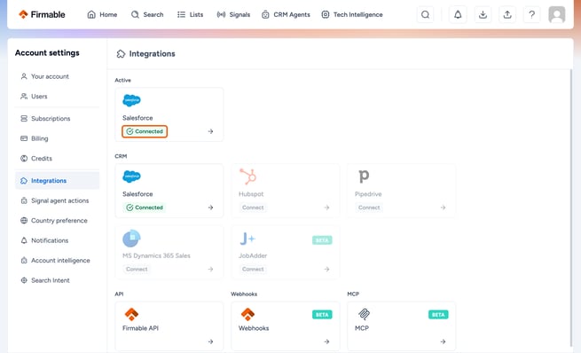 Connected badge on the Salesforce card highlighted