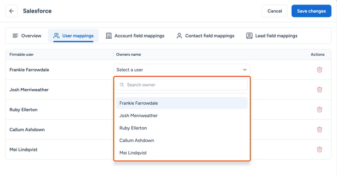 Open owner dropdown highlighted