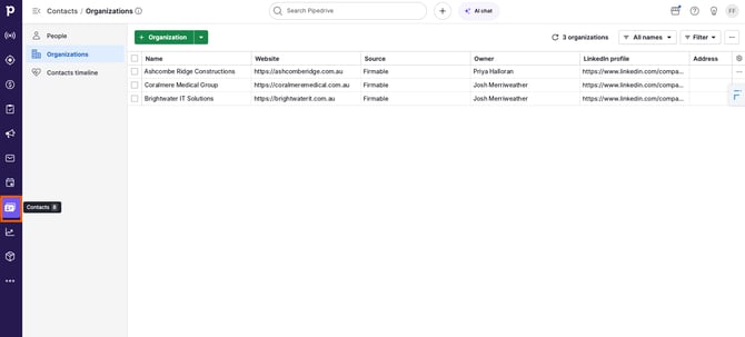 Pipedrive with the Contacts icon highlighted in the left sidebar