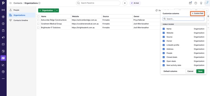 The Customize columns panel with + Custom field highlighted