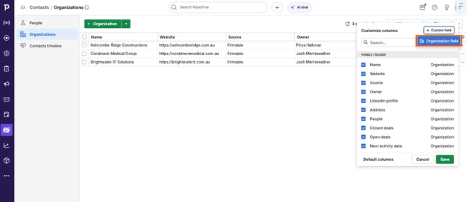 The Customize columns panel with Organization field highlighted