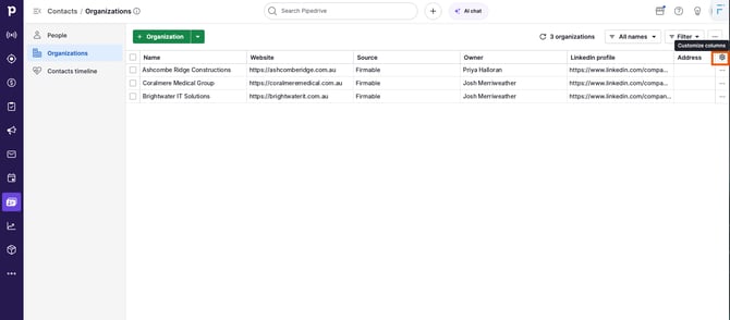 The Pipedrive Organizations list with the Customize columns icon highlighted
