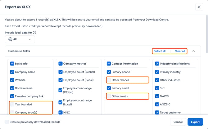 The Export as XLSX dialog with Customise fields open, some fields unticked and Select all and Clear all highlighted