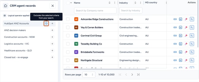 Exclude icon on a CRM agent highlighted
