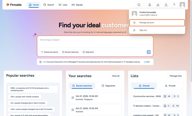 Avatar and Manage account highlighted
