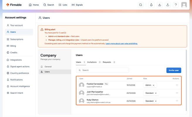 Users in the Account settings sidebar highlighted