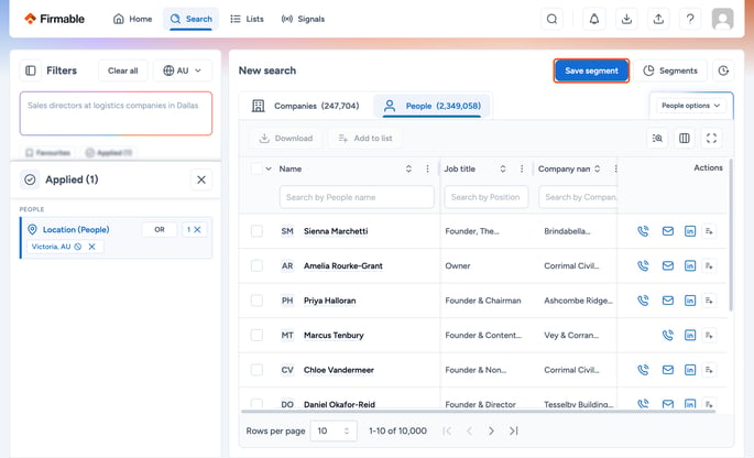 Save (or Save segment) button at the top of the Filters panel highlighted