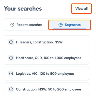 The Your searches card on the Home page with the Segments tab and View all highlighted