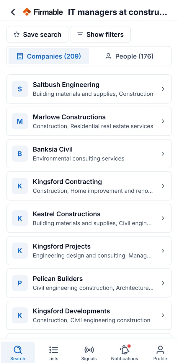 AI search results showing the Companies and People tabs and a list of matching companies