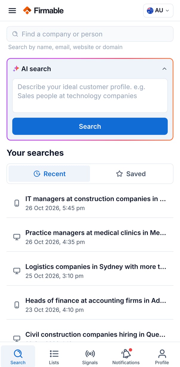 Recent searches on the Search tab, each with a mobile or desktop icon showing where it was run