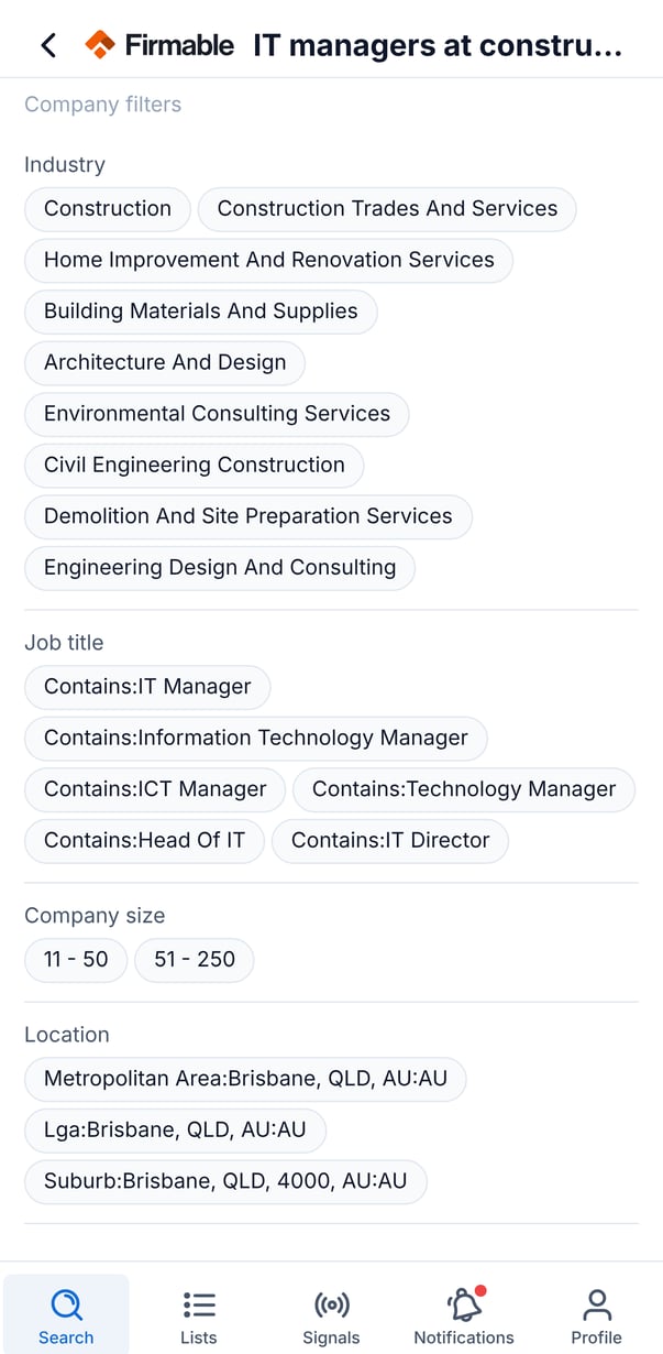 The read-only filters view showing industry, job title, company size and location filters