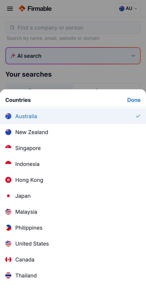 The Countries selector open from the country control in the Search header
