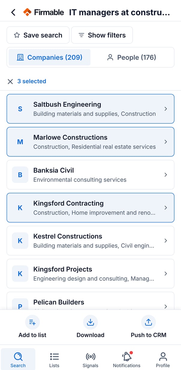 Three selected companies in search results with Add to list, Download and Push to CRM at the bottom