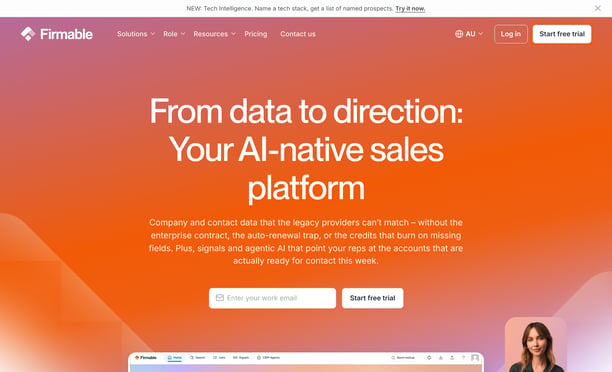 The Firmable website homepage with the Start free trial button highlighted