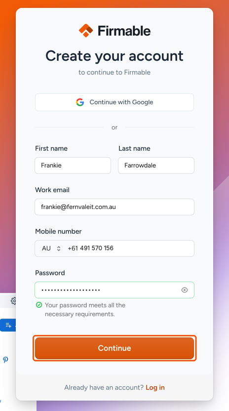 The Create your account form filled in, with the Continue button highlighted