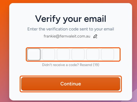 The Verify your email screen with the code boxes and the Continue button highlighted