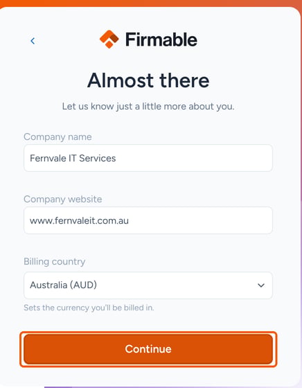 The Almost there form with Company name, Company website and Billing country filled in and Continue highlighted