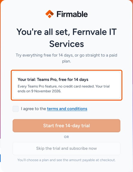 The free trial screen with the Teams Pro 14-day trial details highlighted
