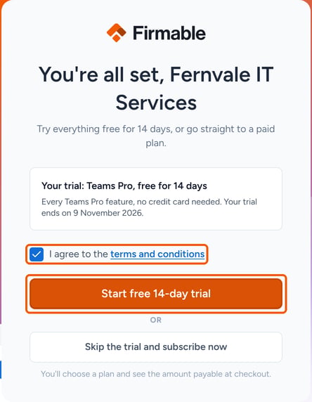 The free trial screen with the terms and conditions checkbox selected and Start free 14-day trial highlighted