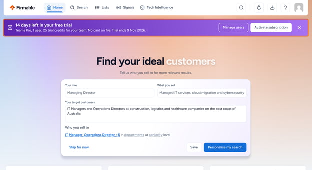 The Home page with the free trial banner highlighted above the Find your ideal customers card