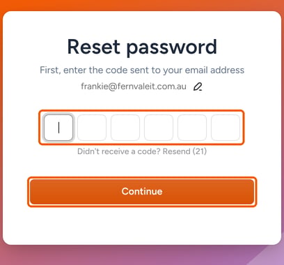 The Reset password page with the code boxes and the Continue button highlighted