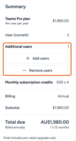 The plan Summary panel with Additional users and the Add users and Remove users buttons highlighted
