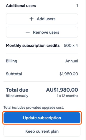 The plan Summary panel with the Update subscription button highlighted