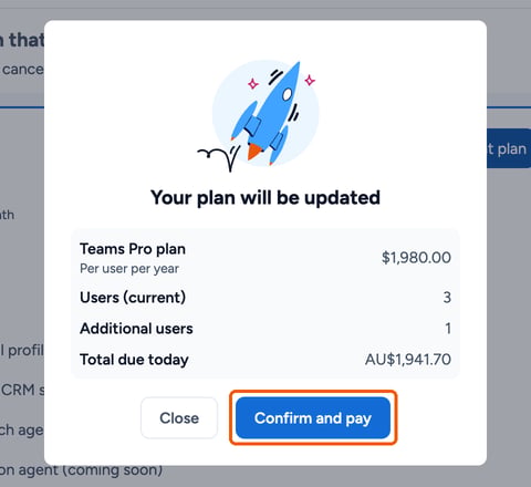 Your plan will be updated pop-up with the Confirm and pay button highlighted