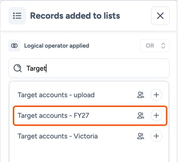 The Records added to lists filter with a list name search and the matching list highlighted