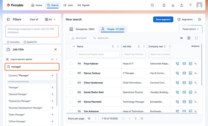 Job title search box with manager typed highlighted