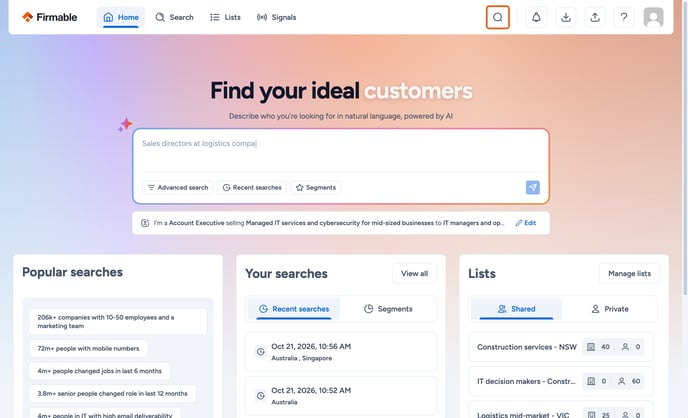 Quick lookup button in the top nav highlighted