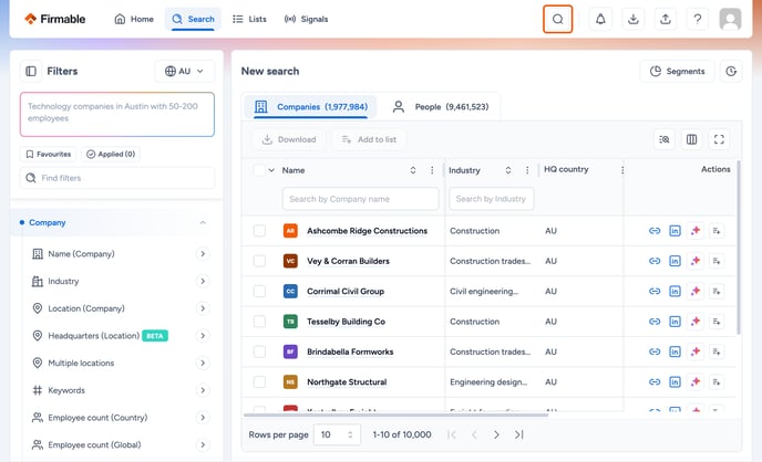 Quick lookup button in the top nav highlighted