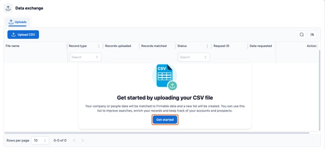 The Data exchange page before any uploads with Get started highlighted