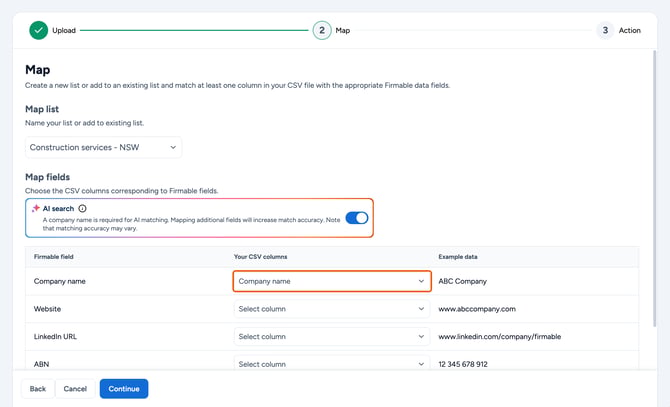 AI search toggle and a second box around the Company Name mapping row highlighted