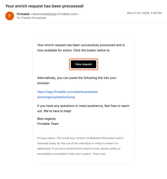 Your enrich request has been processed email with the View request button highlighted