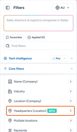 The Core filters list with Headquarters (Location) highlighted