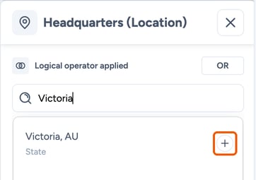 The Headquarters (Location) filter searching for Victoria, with the include (+) button highlighted