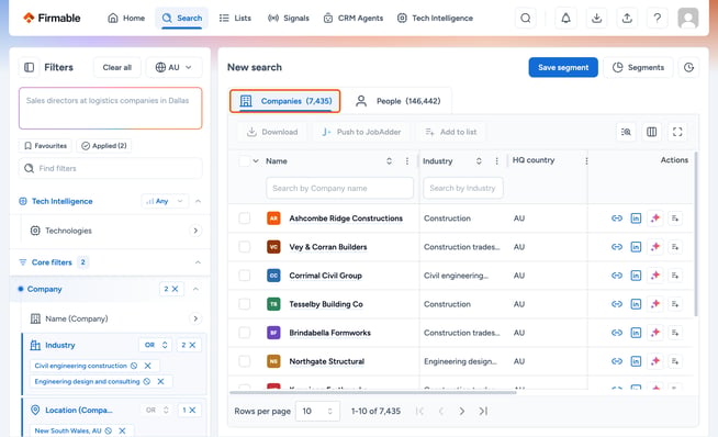 Companies tab and result count highlighted