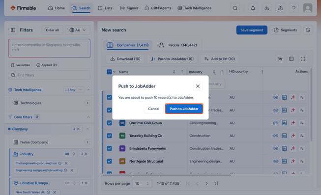 Push to JobAdder button in the pop-up highlighted